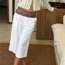 Women's Summer Casual Baggy Pants Stylish Floral Lace Fold Over Waistband Wide Leg Trousers Loose Fit Cropped Capris Streetwear