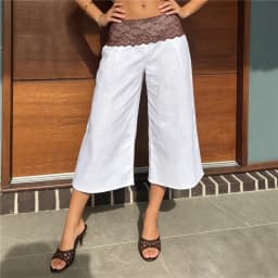 Women's Summer Casual Baggy Pants Stylish Floral Lace Fold Over Waistband Wide Leg Trousers Loose Fit Cropped Capris Streetwear