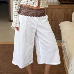 Women's Summer Casual Baggy Pants Stylish Floral Lace Fold Over Waistband Wide Leg Trousers Loose Fit Cropped Capris Streetwear