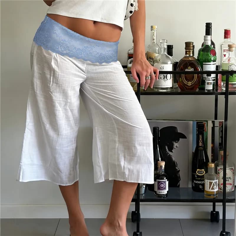 Women's Summer Casual Baggy Pants Stylish Floral Lace Fold Over Waistband Wide Leg Trousers Loose Fit Cropped Capris Streetwear