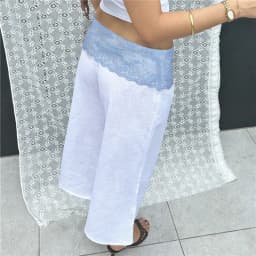 Women's Summer Casual Baggy Pants Stylish Floral Lace Fold Over Waistband Wide Leg Trousers Loose Fit Cropped Capris Streetwear