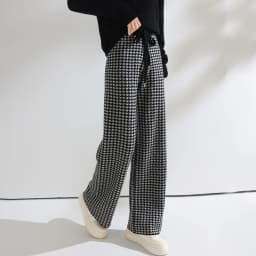 Women Wool Wide Leg Pants Elastic Waist Houndstooth Pattern Trousers Autumn Winter 100% Merino Wool Trousers Knit Soft Warm Pant