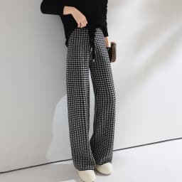Women Wool Wide Leg Pants Elastic Waist Houndstooth Pattern Trousers Autumn Winter 100% Merino Wool Trousers Knit Soft Warm Pant