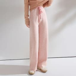 Women Wool Wide Leg Pants Elastic Waist Houndstooth Pattern Trousers Autumn Winter 100% Merino Wool Trousers Knit Soft Warm Pant