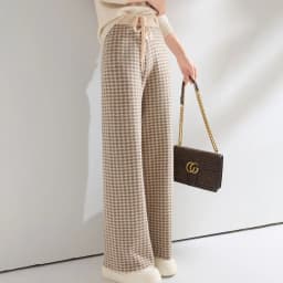 Women Wool Wide Leg Pants Elastic Waist Houndstooth Pattern Trousers Autumn Winter 100% Merino Wool Trousers Knit Soft Warm Pant