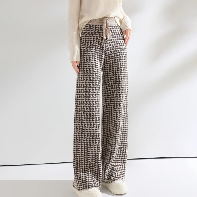 Women Wool Wide Leg Pants Elastic Waist Houndstooth Pattern Trousers Autumn Winter 100% Merino Wool Trousers Knit Soft Warm Pant