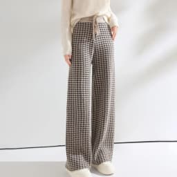 Women Wool Wide Leg Pants Elastic Waist Houndstooth Pattern Trousers Autumn Winter 100% Merino Wool Trousers Knit Soft Warm Pant