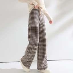 Women Wool Wide Leg Pants Elastic Waist Houndstooth Pattern Trousers Autumn Winter 100% Merino Wool Trousers Knit Soft Warm Pant