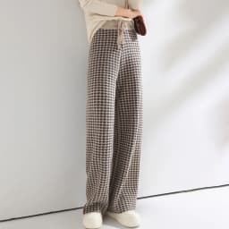 Women Wool Wide Leg Pants Elastic Waist Houndstooth Pattern Trousers Autumn Winter 100% Merino Wool Trousers Knit Soft Warm Pant