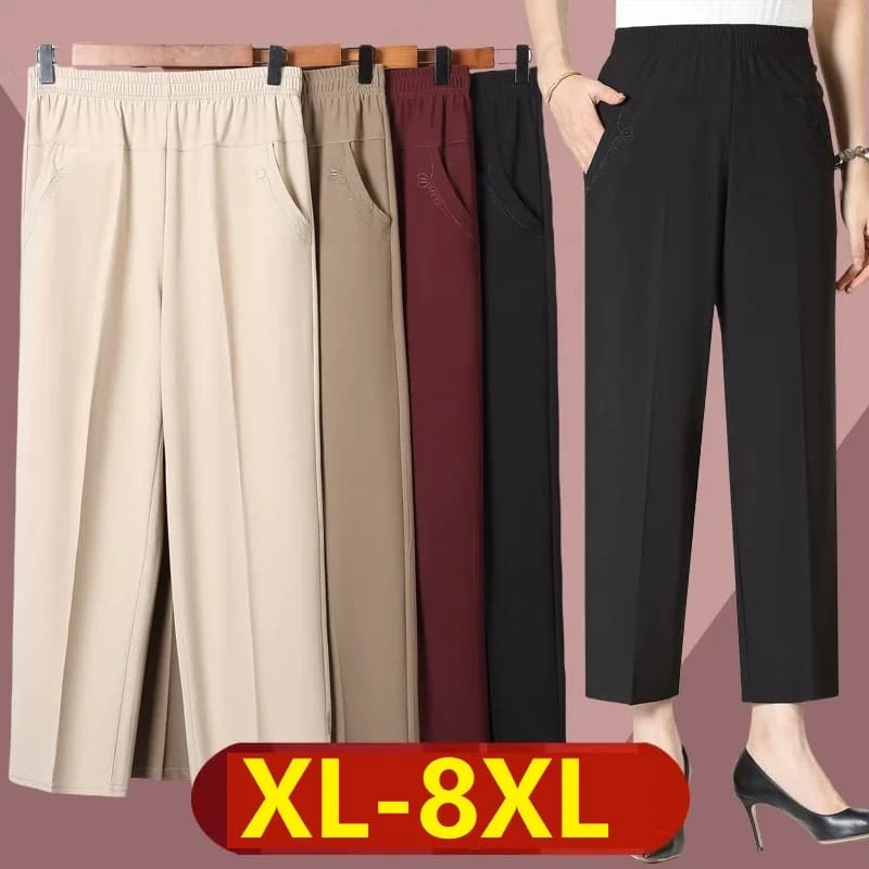 Extra Large Mom Summer Straight Pants Middle-Aged Women Elastic High Waist Grandma Ice Silk Cropped Pants Female Casual Pants
