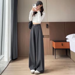 Seoulish Autumn Elegant Women's Wide Leg Pants 2024 New Korean Solid Button Casual Loose Office Full Length Trousers Female
