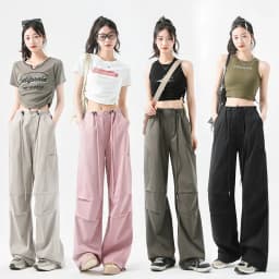 Fashion Big Pockets Women Cargo Pants Lightweight Thin High Waist Wide Leg Pants Woman Spring Summer Casual American Sweatpants