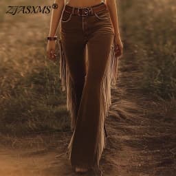 2026 Spring Casual Solid Slim Straight Pants Woman High Waist Tassel Flare Trousers Autumn Retro Streetwear Pants Harajuku Mujer