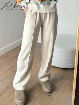 MiuKoMiYa Autumn Gray Woolen Pants Women Wide Leg Straight Long Trousers Office Lady High Waist Women Beige Formal Pants Loose