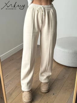 MiuKoMiYa Autumn Gray Woolen Pants Women Wide Leg Straight Long Trousers Office Lady High Waist Women Beige Formal Pants Loose