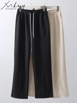 MiuKoMiYa Autumn Gray Woolen Pants Women Wide Leg Straight Long Trousers Office Lady High Waist Women Beige Formal Pants Loose