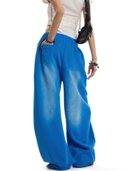 Vintage Washed Blue Wide Leg Sweatpants Unisex Soft Drawstring High Waist Lounge Pants Retro Sporty Draped Style