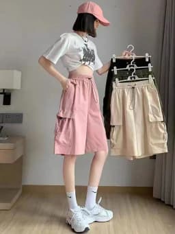 High Waist Wide Leg Workwear Shorts Women's Summer Thin American Casual Design Five-Point Sports Pants Polyester Fiber