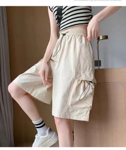 High Waist Wide Leg Workwear Shorts Women's Summer Thin American Casual Design Five-Point Sports Pants Polyester Fiber