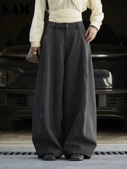 [EAM] High Waist Dark Gray Brief Pocket Long Elegant Wide Leg Pants New Trousers Women Fashion Tide Spring Autumn 2026 1DJ3191