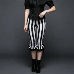 Women Striped Capri Pants with Ruffle Hem and Drawstring Detail High Waist Gothic Punk Style Cropped Trousers Halloween Costumes