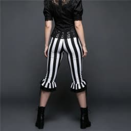 Women Striped Capri Pants with Ruffle Hem and Drawstring Detail High Waist Gothic Punk Style Cropped Trousers Halloween Costumes