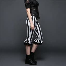 Women Striped Capri Pants with Ruffle Hem and Drawstring Detail High Waist Gothic Punk Style Cropped Trousers Halloween Costumes