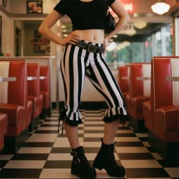 Women Striped Capri Pants with Ruffle Hem and Drawstring Detail High Waist Gothic Punk Style Cropped Trousers Halloween Costumes