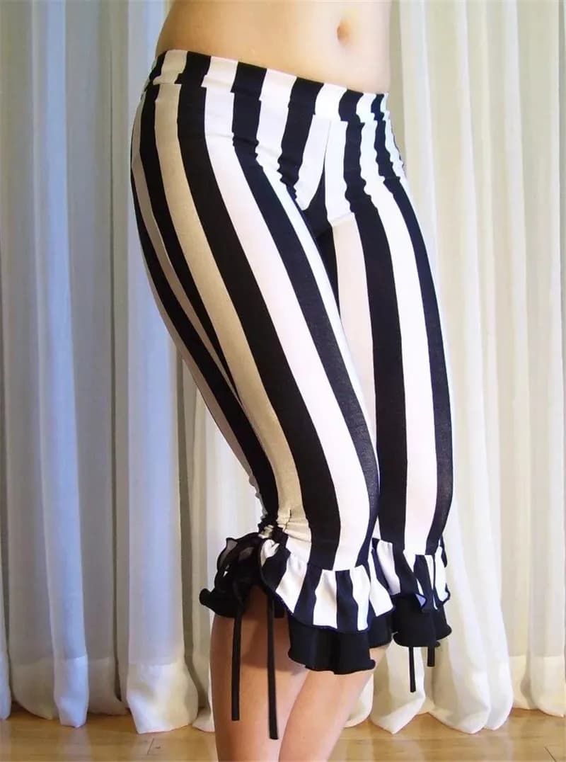 Women Striped Capri Pants with Ruffle Hem and Drawstring Detail High Waist Gothic Punk Style Cropped Trousers Halloween Costumes