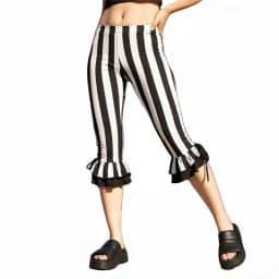 Women Striped Capri Pants with Ruffle Hem and Drawstring Detail High Waist Gothic Punk Style Cropped Trousers Halloween Costumes