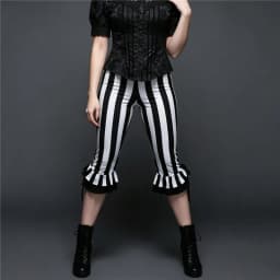 Women Striped Capri Pants with Ruffle Hem and Drawstring Detail High Waist Gothic Punk Style Cropped Trousers Halloween Costumes
