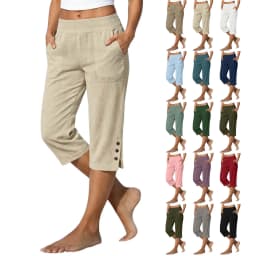 Women Summer Casual Vacation Capri Pants Elastic Straight Leg Split Slits Casual Pants With Pockets