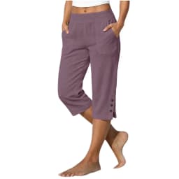 Women Summer Casual Vacation Capri Pants Elastic Straight Leg Split Slits Casual Pants With Pockets