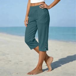 Women Summer Casual Vacation Capri Pants Elastic Straight Leg Split Slits Casual Pants With Pockets