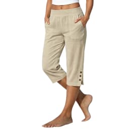 Women Summer Casual Vacation Capri Pants Elastic Straight Leg Split Slits Casual Pants With Pockets