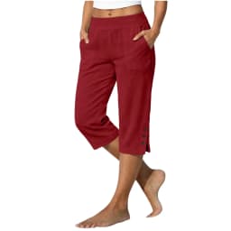 Women Summer Casual Vacation Capri Pants Elastic Straight Leg Split Slits Casual Pants With Pockets