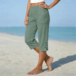 Women Summer Casual Vacation Capri Pants Elastic Straight Leg Split Slits Casual Pants With Pockets