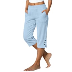 Women Summer Casual Vacation Capri Pants Elastic Straight Leg Split Slits Casual Pants With Pockets