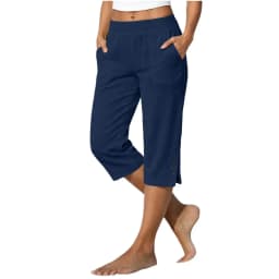 Women Summer Casual Vacation Capri Pants Elastic Straight Leg Split Slits Casual Pants With Pockets