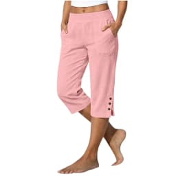 Women Summer Casual Vacation Capri Pants Elastic Straight Leg Split Slits Casual Pants With Pockets