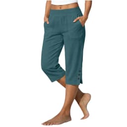 Women Summer Casual Vacation Capri Pants Elastic Straight Leg Split Slits Casual Pants With Pockets