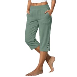 Women Summer Casual Vacation Capri Pants Elastic Straight Leg Split Slits Casual Pants With Pockets