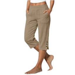 Women Summer Casual Vacation Capri Pants Elastic Straight Leg Split Slits Casual Pants With Pockets