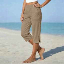 Women Summer Casual Vacation Capri Pants Elastic Straight Leg Split Slits Casual Pants With Pockets