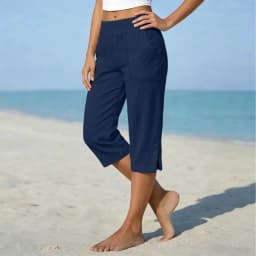 Women Summer Casual Vacation Capri Pants Elastic Straight Leg Split Slits Casual Pants With Pockets