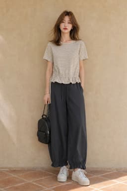 XIAOGULI 150-160cm Petite Women Pants Ankle Length Lantern Jogger Pants Elastic High Waist Wide Leg Lengthening Trousers