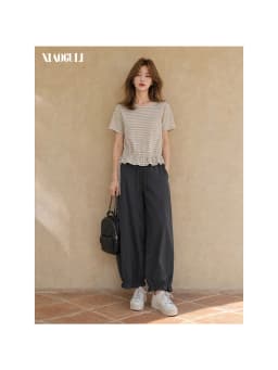 XIAOGULI 150-160cm Petite Women Pants Ankle Length Lantern Jogger Pants Elastic High Waist Wide Leg Lengthening Trousers