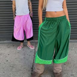 Women Couple American Retro Trendy Color Block Spliced Sports Capri Pants Elastic Waist Wide Leg Loose Versatile Casual Trousers