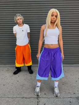 Women Couple American Retro Trendy Color Block Spliced Sports Capri Pants Elastic Waist Wide Leg Loose Versatile Casual Trousers