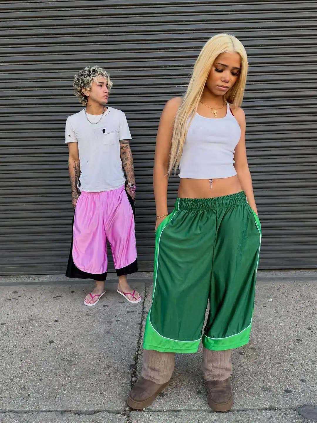 Women Couple American Retro Trendy Color Block Spliced Sports Capri Pants Elastic Waist Wide Leg Loose Versatile Casual Trousers
